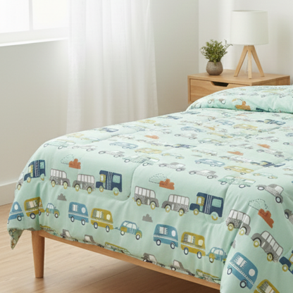 Haboo | Mint Green Vintage Caravan & Retro Vehicle Print Cotton 4 Pcs Double Bed Set - 90x100 Comforter, Bedsheet & 2 Pillow Covers