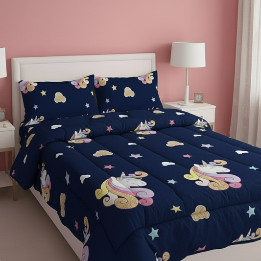 Haboo | Royal Blue Enchanted Unicorn & Stars Kids Cotton Comforter - 90x100 Inches, 100 GSM Lightweight All-Season Quilt