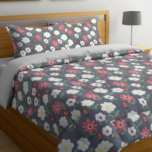 Haboo | Charcoal Grey & Red Daisy Floral Print Cotton Comforter - 90x100 Inches, 100 GSM Lightweight All-Season Quilt