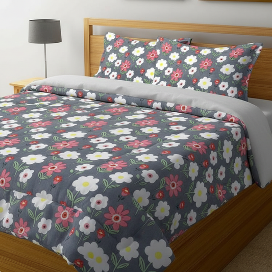 Haboo | Charcoal Grey & Red Daisy Floral Print Cotton Comforter - 90x100 Inches, 100 GSM Lightweight All-Season Quilt
