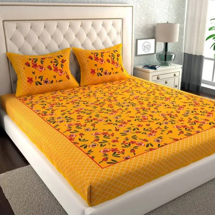 Haboo | Premium Cotton Rajasthani Double Bed Bedsheet 90x100 with Sanganeri Prints & Pillow Covers