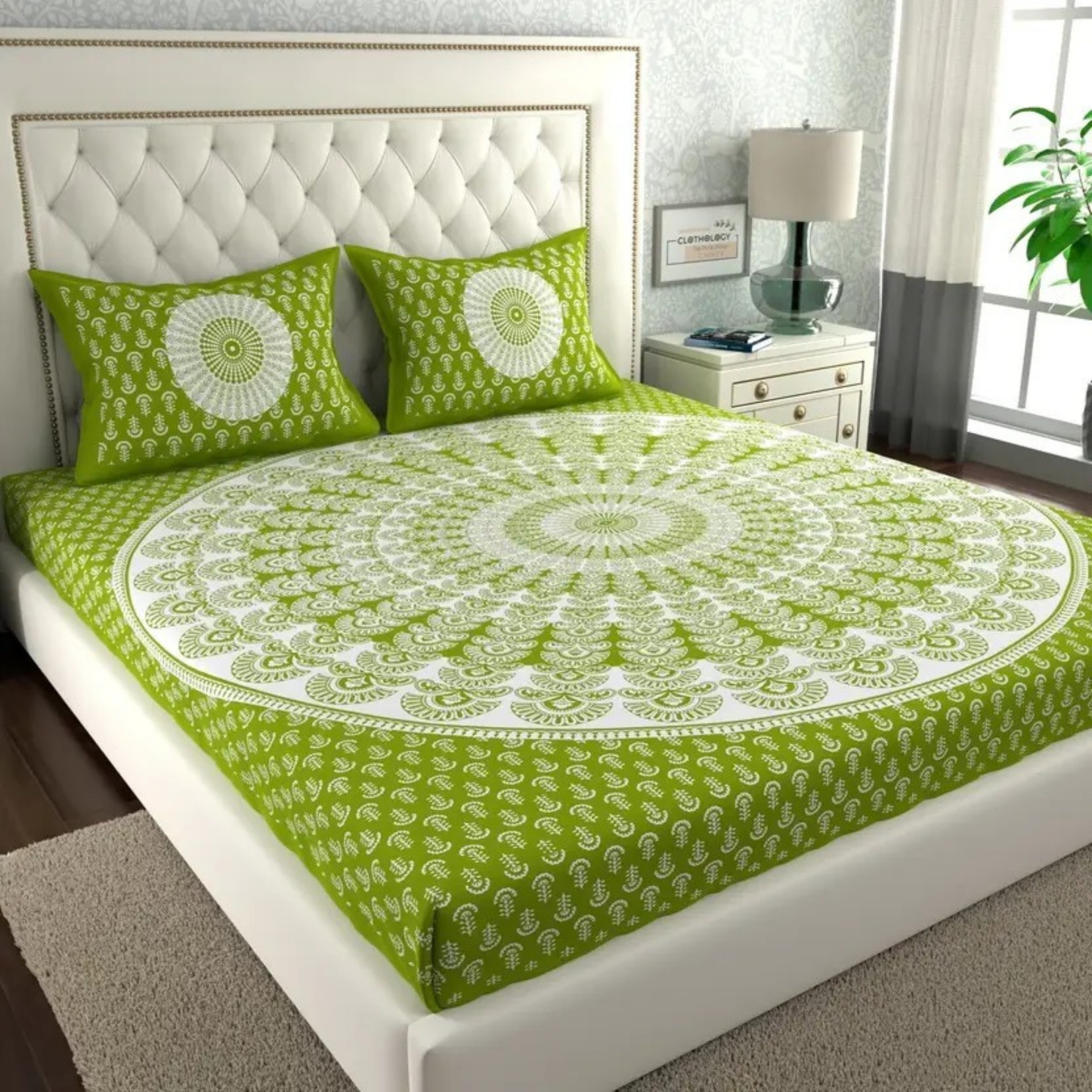 Haboo | Traditional Rajasthani Floral Print Cotton Double Bedsheet 90x100 with Pillow Covers