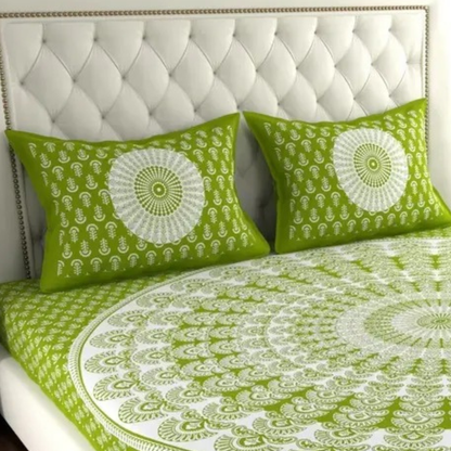 Haboo | Traditional Rajasthani Floral Print Cotton Double Bedsheet 90x100 with Pillow Covers