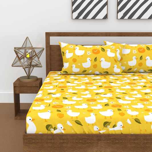 Haboo | Yellow Duck Print Kids Cotton Double Bed Bedding Set - 90x100 Inches, 2 Pillow Covers