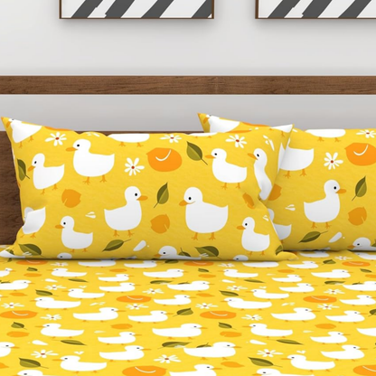 Haboo | Yellow Duck Print Kids Cotton Double Bed Bedding Set - 90x100 Inches, 2 Pillow Covers