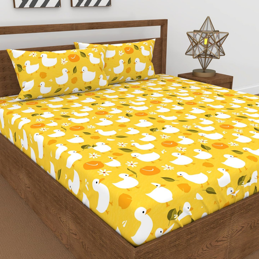 Haboo | Yellow Duck Print Kids Cotton Double Bed Bedding Set - 90x100 Inches, 2 Pillow Covers