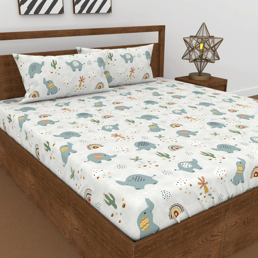 Haboo | Kids Cotton Double Bedsheet (90x100) - Cute Blue Elephant & Rainbow Theme with 2 Pillow Covers