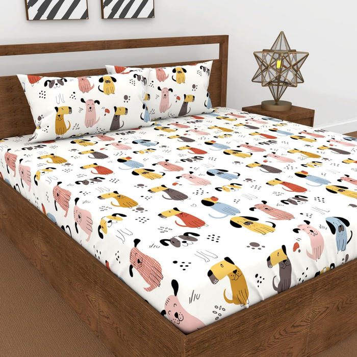 Haboo | Multi-Color Puppy Dog Print Kids Cotton Double Bedsheet - 90x100 Inches with 2 Pillow Covers