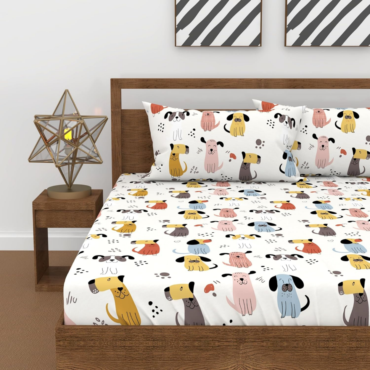 Haboo | Multi-Color Puppy Dog Print Kids Cotton Double Bedsheet - 90x100 Inches with 2 Pillow Covers