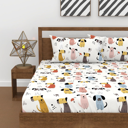Haboo | Multi-Color Puppy Dog Print Kids Cotton Double Bedsheet - 90x100 Inches with 2 Pillow Covers