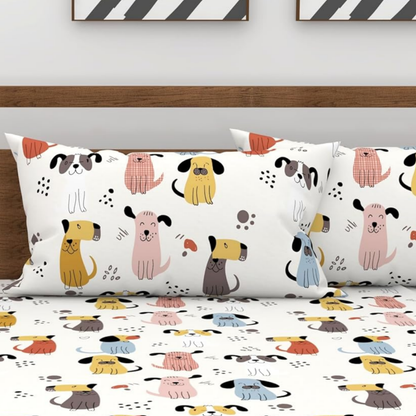 Haboo | Multi-Color Puppy Dog Print Kids Cotton Double Bedsheet - 90x100 Inches with 2 Pillow Covers