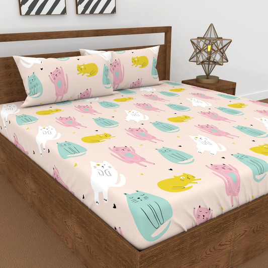 Haboo | Cute Pastel Cat Print Kids Cotton Double Bedsheet (90x100) with 2 Pillow Covers