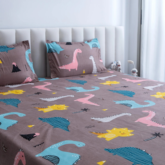 Haboo | Soft & Breathable Cotton Kids Double Bedsheet (90x100) - Grey Dinosaur Theme Bedding Set