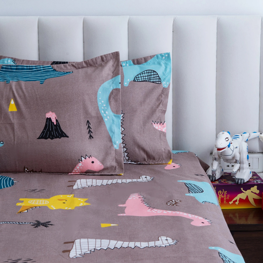 Haboo | Soft & Breathable Cotton Kids Double Bedsheet (90x100) - Grey Dinosaur Theme Bedding Set