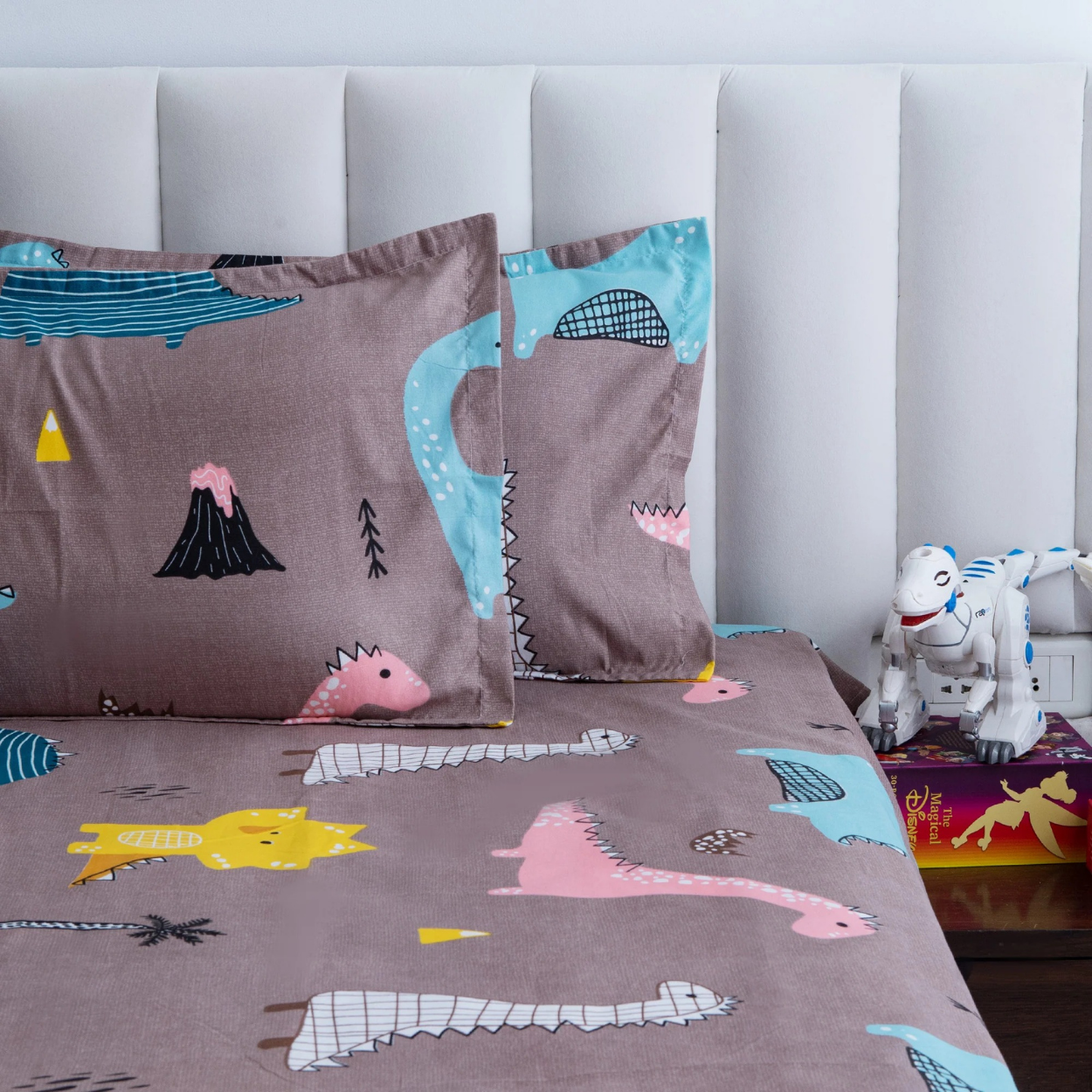 Haboo | Soft & Breathable Cotton Kids Double Bedsheet (90x100) - Grey Dinosaur Theme Bedding Set