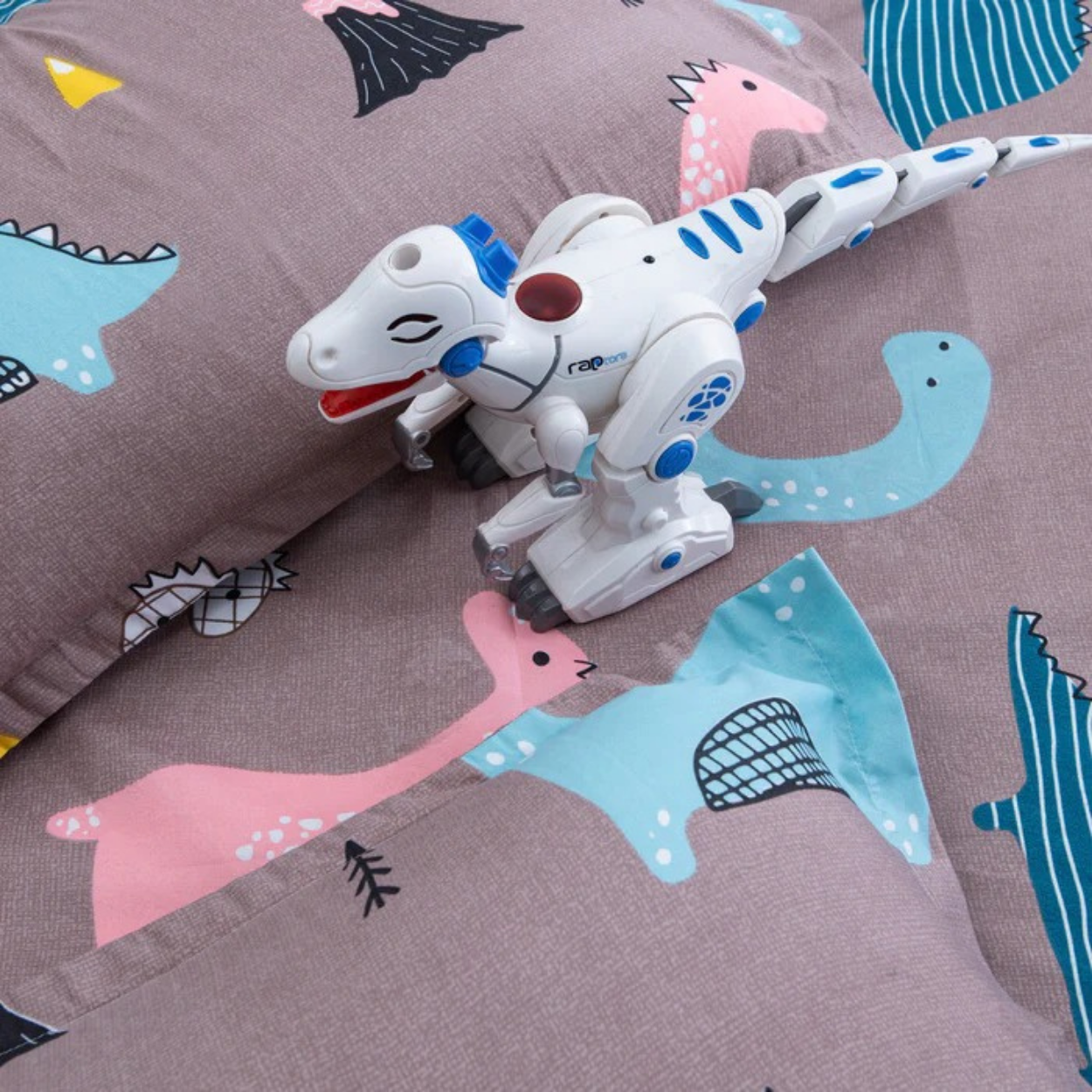 Haboo | Soft & Breathable Cotton Kids Double Bedsheet (90x100) - Grey Dinosaur Theme Bedding Set