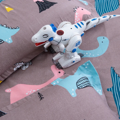 Haboo | Soft & Breathable Cotton Kids Double Bedsheet (90x100) - Grey Dinosaur Theme Bedding Set
