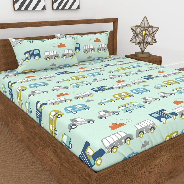 Haboo | Mint Green Vintage Caravan & Car Print Kids Cotton Double Bedsheet - 90x100 Inches, with 2 Pillow Covers
