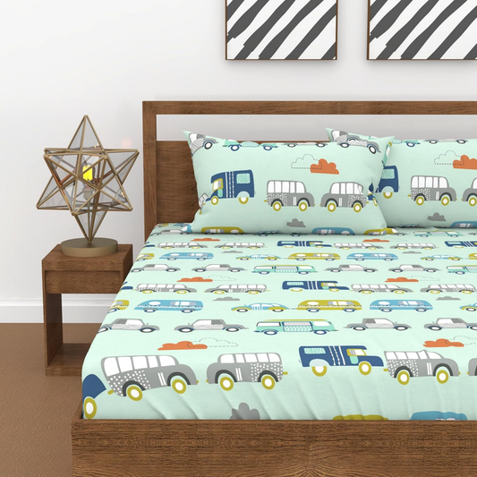 Haboo | Mint Green Vintage Caravan & Car Print Kids Cotton Double Bedsheet - 90x100 Inches, with 2 Pillow Covers
