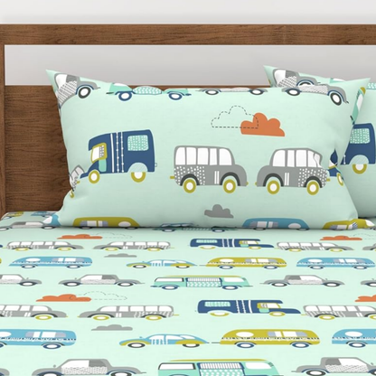 Haboo | Mint Green Vintage Caravan & Car Print Kids Cotton Double Bedsheet - 90x100 Inches, with 2 Pillow Covers
