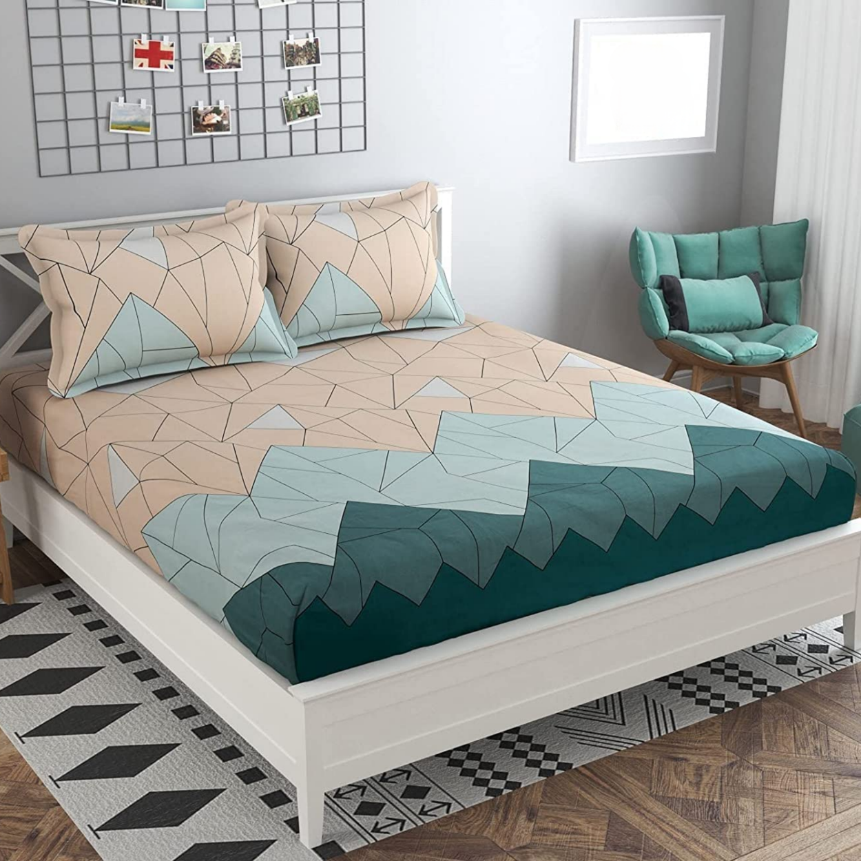 Haboo | Modern Geometric Abstract Print Cotton Double Bedsheet - 90x100 Inches with 2 Pillow Covers