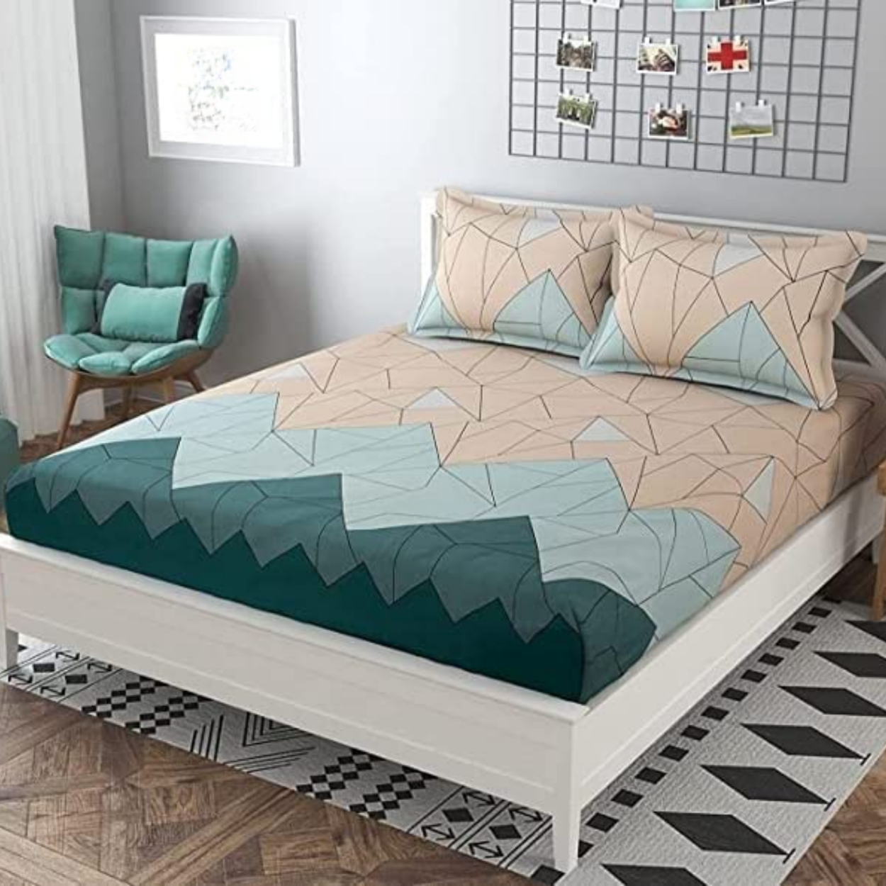 Haboo | Modern Geometric Abstract Print Cotton Double Bedsheet - 90x100 Inches with 2 Pillow Covers