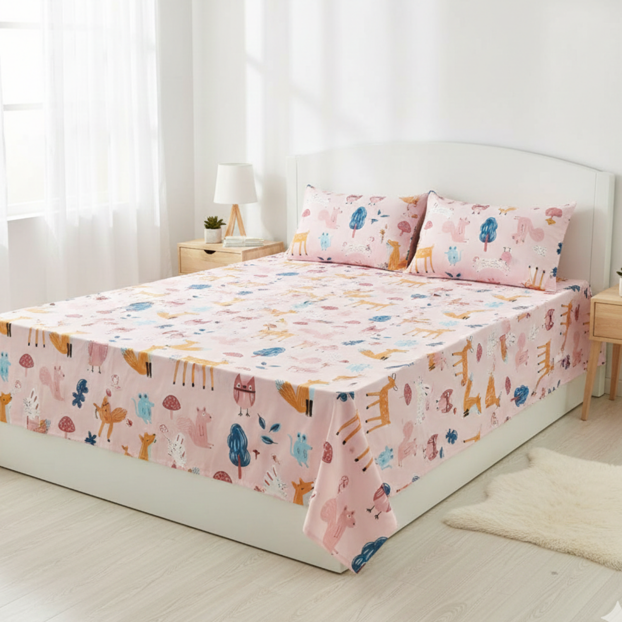 Haboo | Pink Forest Animals Kids Cotton Double Bedsheet - 90x100 Inches with 2 Pillow Covers