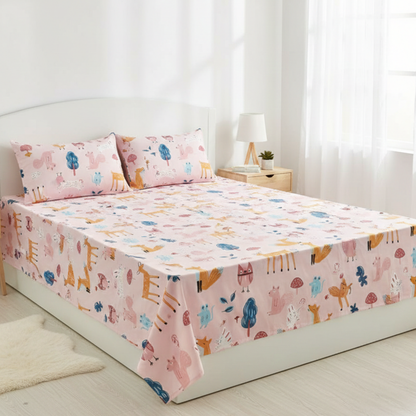 Haboo | Pink Forest Animals Kids Cotton Double Bedsheet - 90x100 Inches with 2 Pillow Covers