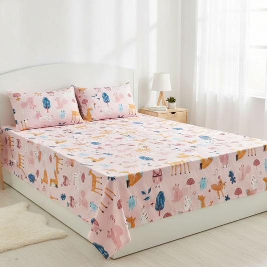 Haboo | Pink Forest Animals Kids Cotton Double Bedsheet - 90x100 Inches with 2 Pillow Covers