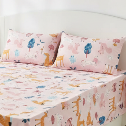 Haboo | Pink Forest Animals Kids Cotton Double Bedsheet - 90x100 Inches with 2 Pillow Covers