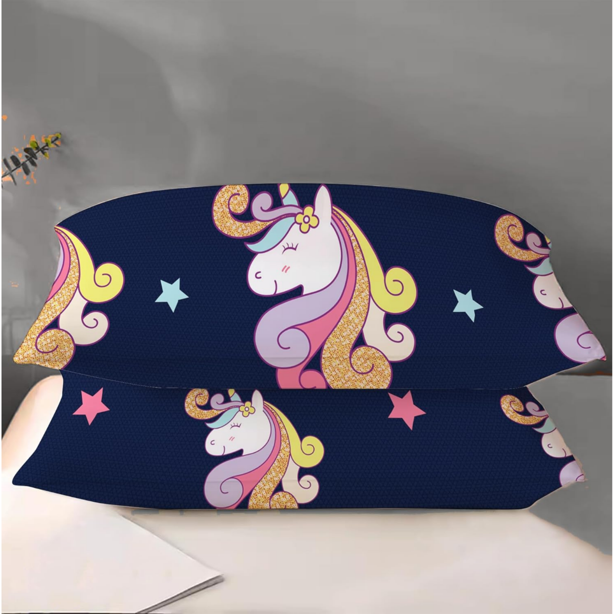 Haboo | Royal Blue Unicorn & Stars Printed Kids Cotton Double Bedsheet - 90x100 Inches with 2 Pillow Covers
