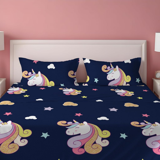 Haboo | Royal Blue Unicorn & Stars Printed Kids Cotton Double Bedsheet - 90x100 Inches with 2 Pillow Covers