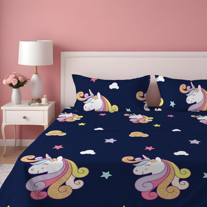 Haboo | Royal Blue Unicorn & Stars Printed Kids Cotton Double Bedsheet - 90x100 Inches with 2 Pillow Covers