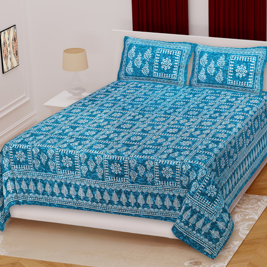 Haboo| Rajasthani Print Cotton Bedsheet for Double Bed 90x100 Inches with 2 Pillow Covers