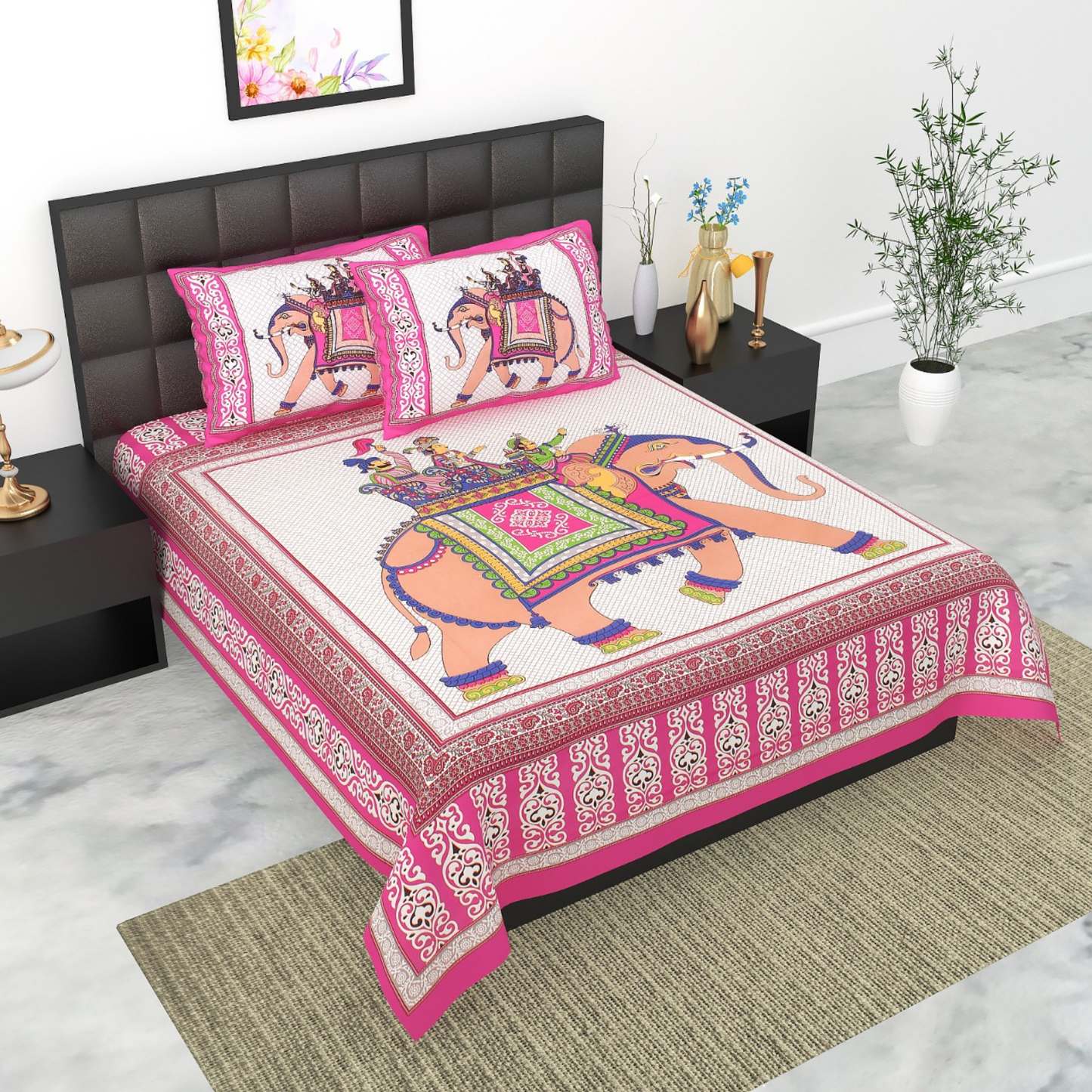 Haboo| Vibrant Rajasthani Jaipuri Cotton Bedsheet Set with Pillow Covers