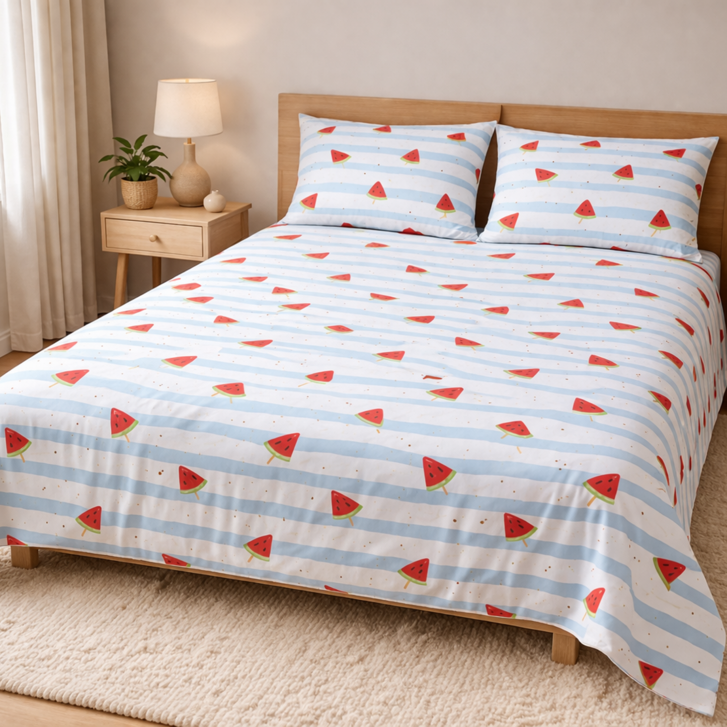 Blue Stripe Watermelon Print Double Bedsheet with 2 Pillow Covers | Soft Cotton Kids Bedding Set