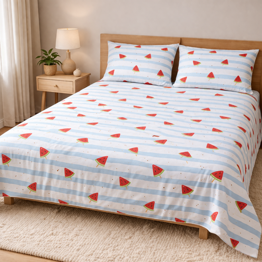 Blue Stripe Watermelon Print Double Bedsheet with 2 Pillow Covers | Soft Cotton Kids Bedding Set