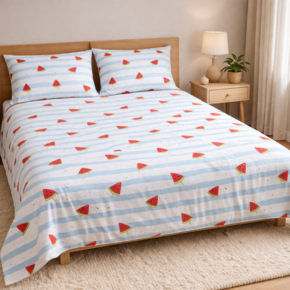 Blue Stripe Watermelon Print Double Bedsheet with 2 Pillow Covers | Soft Cotton Kids Bedding Set