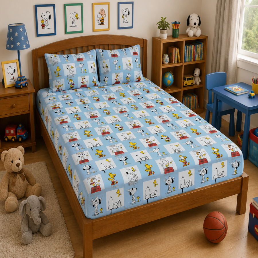 Snoopy checks Print Single Bedsheet with 1 Pillow Cover | Soft Cotton Kids Bedding Set (Blue)