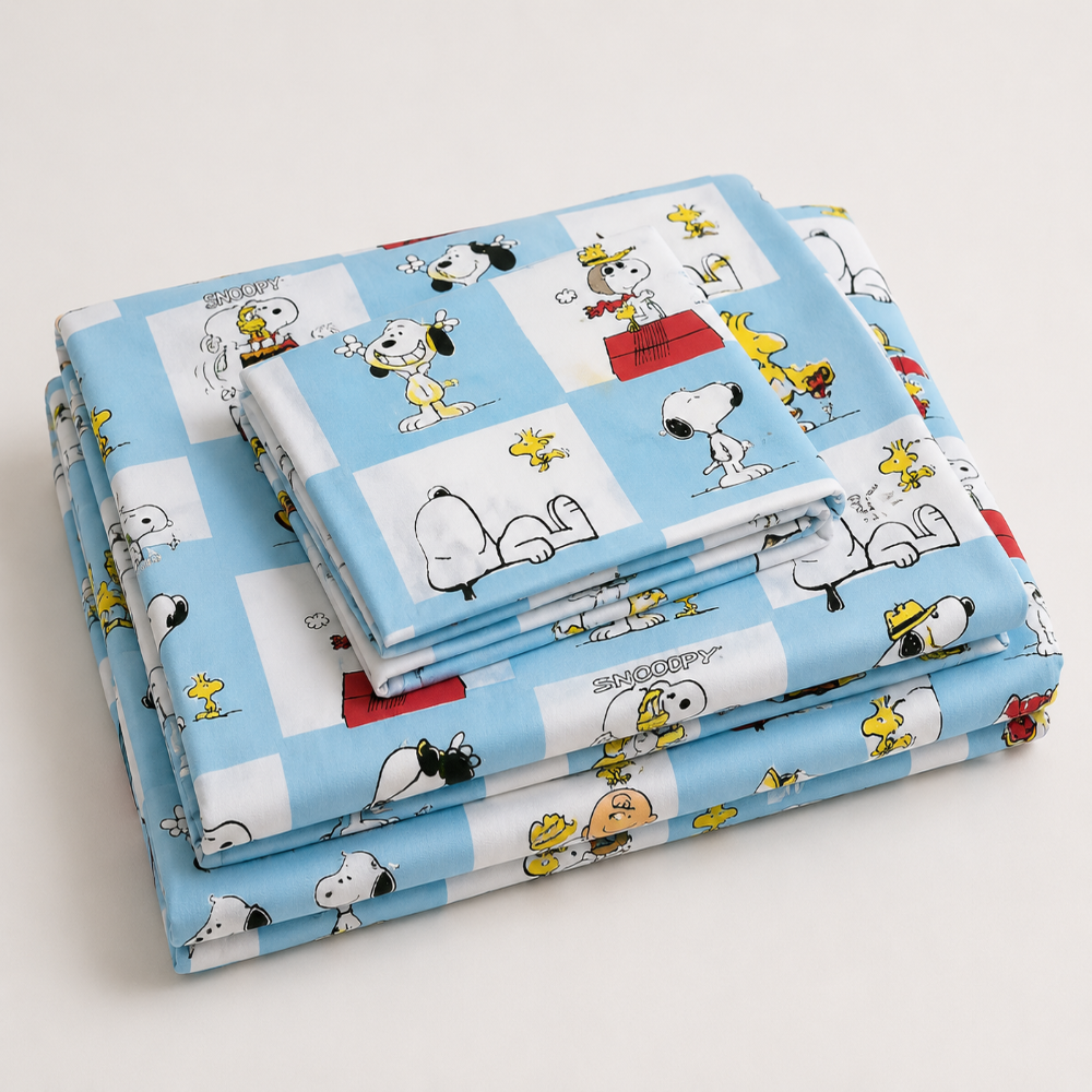 Snoopy checks Print Single Bedsheet with 1 Pillow Cover | Soft Cotton Kids Bedding Set (Blue)