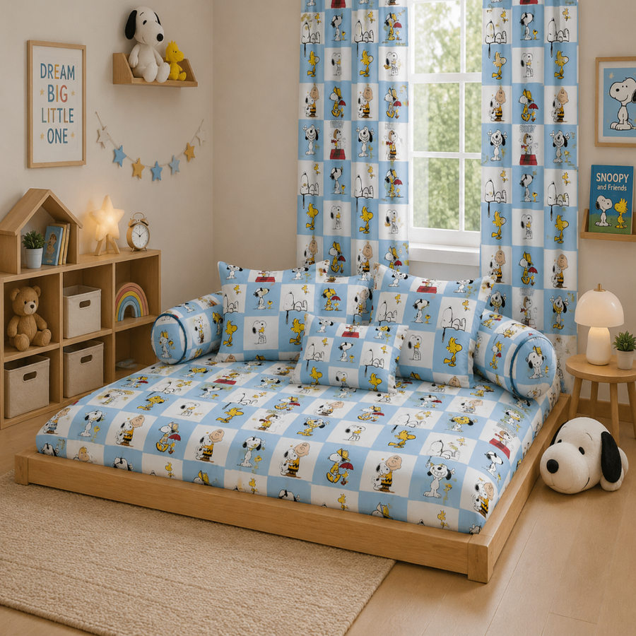 Snoopy & Friends Single Bed Comforter Set for Kids – Soft Comforter, Bedsheet & Pillow Cover | 3 Piece Bedding Set