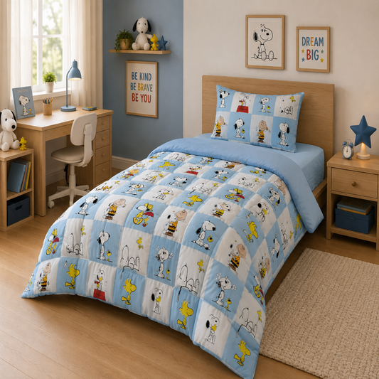 Snoopy & Friends Single Bed Comforter Set for Kids – Soft Comforter, Bedsheet & Pillow Cover | 3 Piece Bedding Set