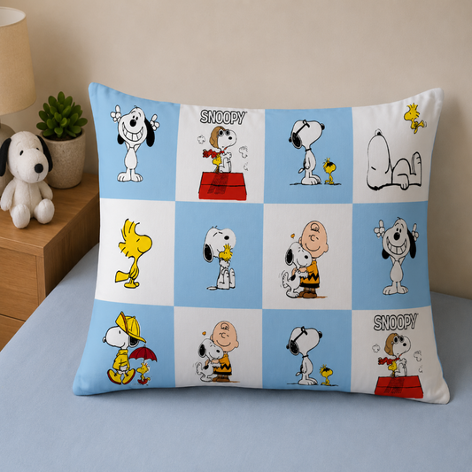 Snoopy checks Print Single Bedsheet with 1 Pillow Cover | Soft Cotton Kids Bedding Set (Blue)