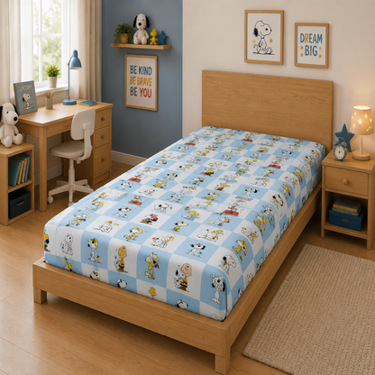 Snoopy checks Print Single Bedsheet with 1 Pillow Cover | Soft Cotton Kids Bedding Set (Blue)