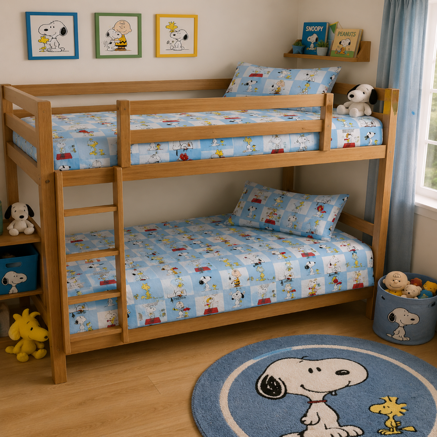 Snoopy checks Print Single Bedsheet with 1 Pillow Cover | Soft Cotton Kids Bedding Set (Blue)