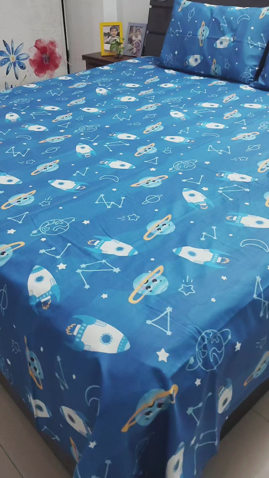 Blue Solar System Print Double Bedsheet with 2 Pillow Covers | Soft Cotton Kids Bedding Set (Blue)